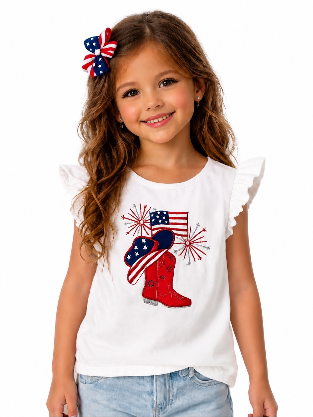 btween White Tank Top with Red Cowboy Boot & Flag Applique
